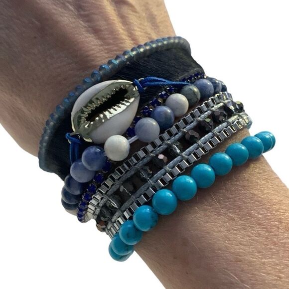 Nautical Boho Cuff Bracelet with Shell and Turquoise Beads by Victoria Emerson - Picture 3 of 9